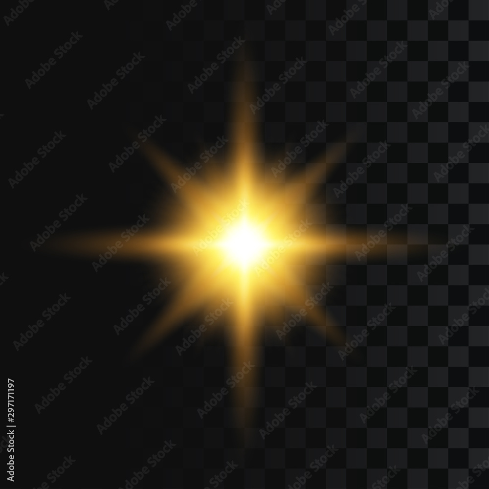 Poster flash or star burst, light effect on transparent background. abstract sparkle, golden glowing flash 