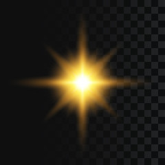 Flash or star burst, light effect on transparent background. Abstract sparkle, golden glowing flash with gold rays and lights. Vector illustration.
