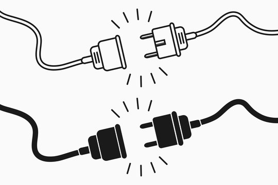 Electric plug and socket. 404 error concept, set of flat and line design elements for disconnect web page. Unplugged electric plug with wire cable and socket illustration. Vector.