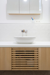 Fototapeta na wymiar Interior of contemporary bathroom in white color with wood