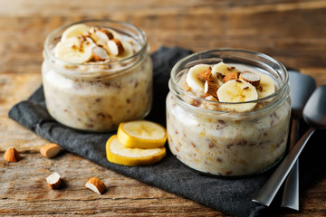 Banana flax seeds overnight oats with banana slices and almonds