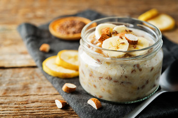 Banana flax seeds overnight oats with banana slices and almonds
