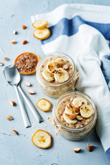 Banana flax seeds overnight oats with banana slices and almonds