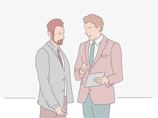 Discussion in the meeting. Hand drawn style vector design illustrations.