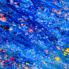 Fototapeta na wymiar Abstract blue painting on canvas using liquid acrylic technique. Marble slice texture