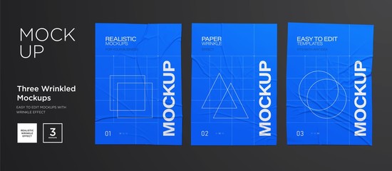 Blue Wrinkled poster template set. Glued paper. Vector Realistic wet wrinkled posters mockup