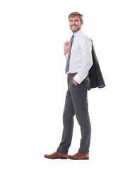 side view. thoughtful businessman with a jacket over his shoulder