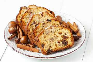 Christmas still life with raisins cake