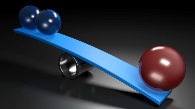 The concept of balancing objects with two blue spheres more heavy than a red ones, on a black background - 3D rendering video clip