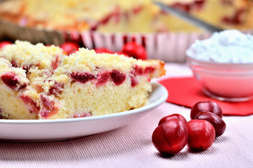 Czech souffle cake with sour cherries. Close-up view.