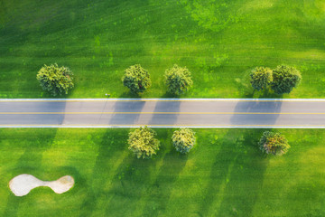 Aerial view of road through beautiful green field at sunset in autumn. Beautiful landscape with empty rural road, trees, green grass. Highway through the park. Top view from flying drone. Nature