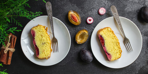 plum pie (delicious dessert, pastries with fruit) menu concept. food background. copy space. Top viev