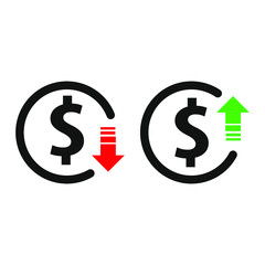 Dollar rise and decrease icons. Isolated vector illustration.