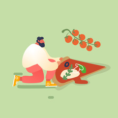 Man Baking and Eating Huge Pizza. Male Character Cut with Knife, Take Piece of Tasty Italian Food. Fast Food, Cafe, Bistro Visitors. Cartoon Vector Illustration