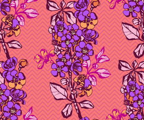 Seamless floral pattern with Japanese quince sakura flowers and ornamental decorative background. Vector pattern. Print for textile, cloth, wallpaper, scrapbooking