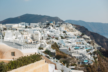 Santorini panarama. Greece, Santorini, white buildings background.