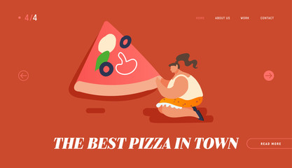 Pizzeria Bistro Website Landing Page, People Character Eating Huge Pizza Italian Food. Fast Food, Cafe, Visitors, Web. Cartoon Flat Vector Illustration, Banner