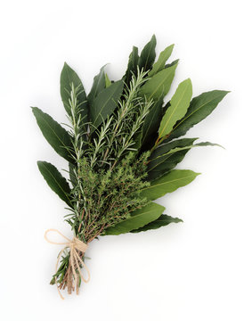 Bunch of aromatic herbs isolated on white background. Bouquet garni. 