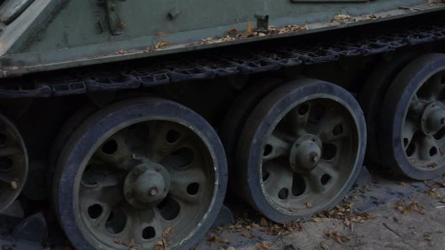Old tank of the Soviet army. Slow motion of retro panzer.