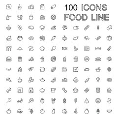 100 Line Food Icons Set Collection. Bakery, Seafood, Vegetables, Fruit, Coffee, Meat, Fastfood. Vector illustration eps10.