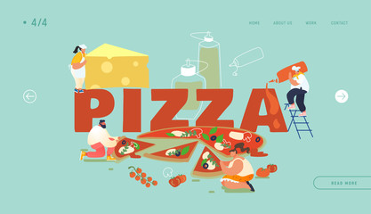 Pizzeria Bistro Website Landing Page, People Character Eating Huge Pizza, Cut with Knife, Put Ketchup and Cheese, Italian Food. Fast Food, Cafe, Visitors, Web. Cartoon Flat Vector Illustration, Banner