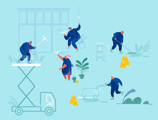 Male and Female Characters in Uniform with Equipment Cleaning Room with Huge Windows. Service of Professional Cleaners at Work Mopping, Vacuuming Floor, Rub, Sweeping. Cartoon Flat Vector Illustration