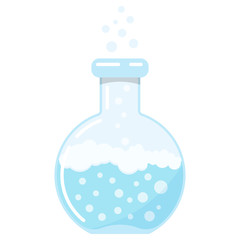 Round blue glass lab flask with chemical boiling bubbling liquid reaction flat design vector icon isolated on white