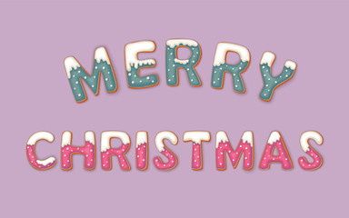 Merry christmas vector illustration with gingerbread cookie letters in cartoon style on lilac background.