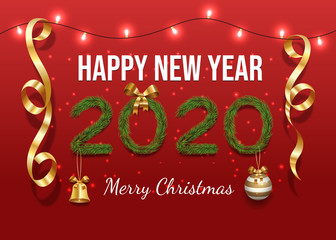 Traditional winter holiday banner vector template. Postcard with merry christmas wish, happy new year greeting card concept. Fir branches in 2020 shape and festive decorations realistic illustration