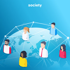 isometric vector image on a blue background, people icons connected by lines over the globe, social network