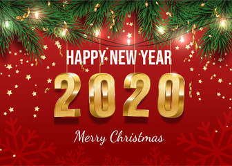 Christmas greeting card vector template. Happy new year postcard, winter holiday banner concept. Gold 2020 number and fir tree branches with garland realistic illustration with typography