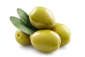 Delicious green olives with leaves, isolated on white background