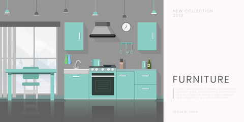 Furniture store flat banner vector template. Contemporary kitchen equipment sale, kitchenware shop advertising poster layout. Modern dining room furnishing illustration with text space