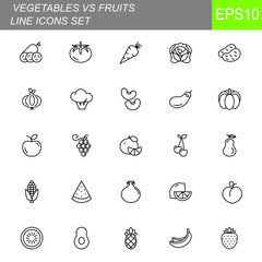 Thin line vegetables and fruit icons set on white background. Vector illustration eps10.