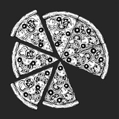 Pizza slice drawing. Hand drawn pizza illustration. Great for menu, poster or label.