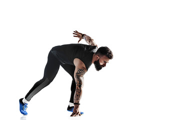 One caucasian man young sprinter runner running in silhouette studio on white background. Isolate