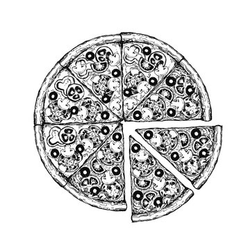 Pizza slice drawing. Hand drawn pizza illustration. Great for menu, poster or label.