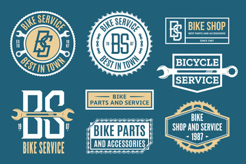 Set of vector bike service, bicycle shop and parts logo, badges and icons