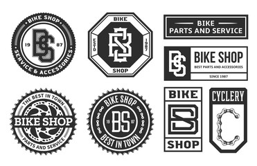 Set of vector bike shop, bicycle part and service logo, badges and icons isolated on a white background