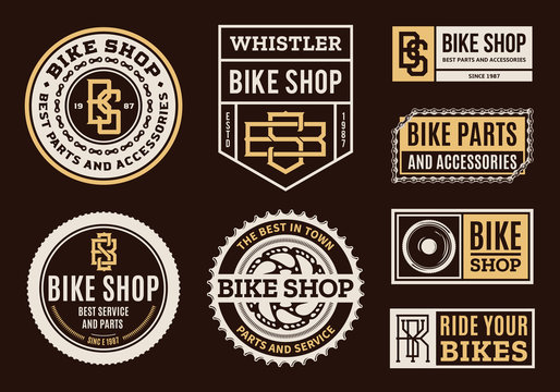 Set of vector bike shop, bicycle part and service logo, badges and icons isolated on a white background