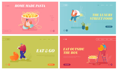Asian Food Website Landing Page Set. Tiny Male and Female Characters Eating Noodles in Takeaway Box and Read Fortune Cookie Forecasting. Oriental Meal Web Page Banner. Cartoon Flat Vector Illustration