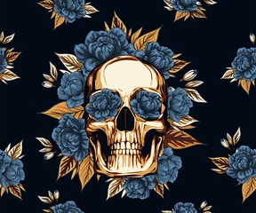 Metal Skull with  floral Golden Roses wreath, Vector illustration of Day of the Dead Dia De Muertos in Spanish Language for celebration concept poster banner design, textile pattern