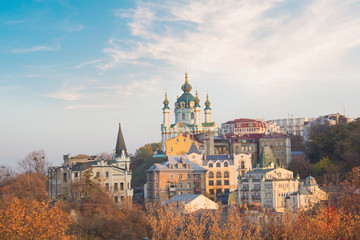 Fototapeta na wymiar Beautiful view of St. Andrew's Church and St. Andrew's Descent in Kyiv, Ukraine