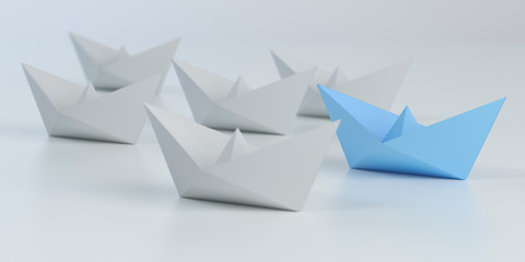 Leadership concept with blue paper ship leading among white, 3d illustration