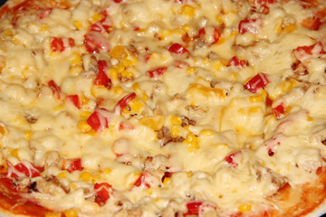 Fresh appetizing pizza with delicious ingredients close up