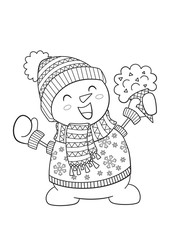 Doodle coloring book page snowman with ice cream. Christmas coloring page
