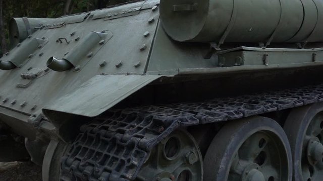 Old tank of the Soviet army. Slow motion of retro panzer.