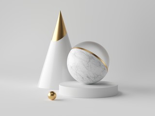 3d abstract primitive shapes on white background, marble and gold cone ball cube, clean minimalist design, sophisticated decor elements, modern geometric objects