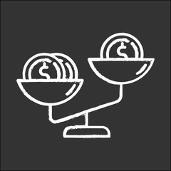 Compare price chalk icon. Coins on scales. Product value comparison. Budget and saving money. Financial expenses planning. Earning and spending. Isolated vector chalkboard illustration