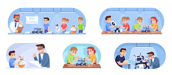 Robotics courses flat vector illustrations set. Creation of electronic mechanisms. Designing and programming practice. Young students creating, repairing robots cartoon characters